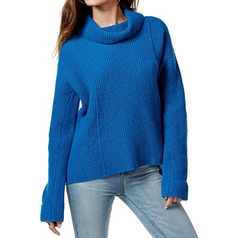Free People Wool Sweater Small Blue Cowl Neck Knit Sidewinder Long Sleeve
